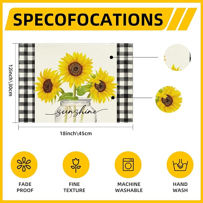 Sunflower Placemats Set of 6, 12x18 Inch Sunshine Vase Summer Spring Table Mats for Holiday Party Kitchen Dining Room Decoration