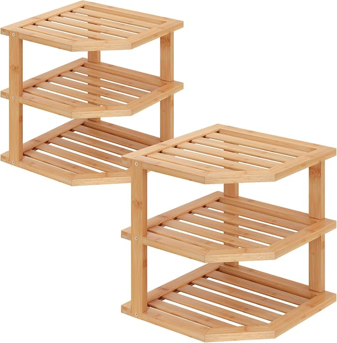 VERTORGAN 3 Tier Bamboo Dish Drying Rack,Corner Shelf 2 Pack(Natural) | Pantry Storage,Dish Rack,Spice Rack,Corner Organizer,Kitchen Counter Shelves,Kitchen Storage,Holds Plates