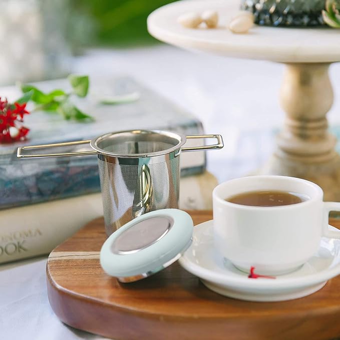 Tea Infuser Stainless Steel Tea Strainer Folding Handle Tea Filter Extra Fine Mesh Strainer Brewing Basket with Lid for Loose Leaf Tea (Light Blue) …