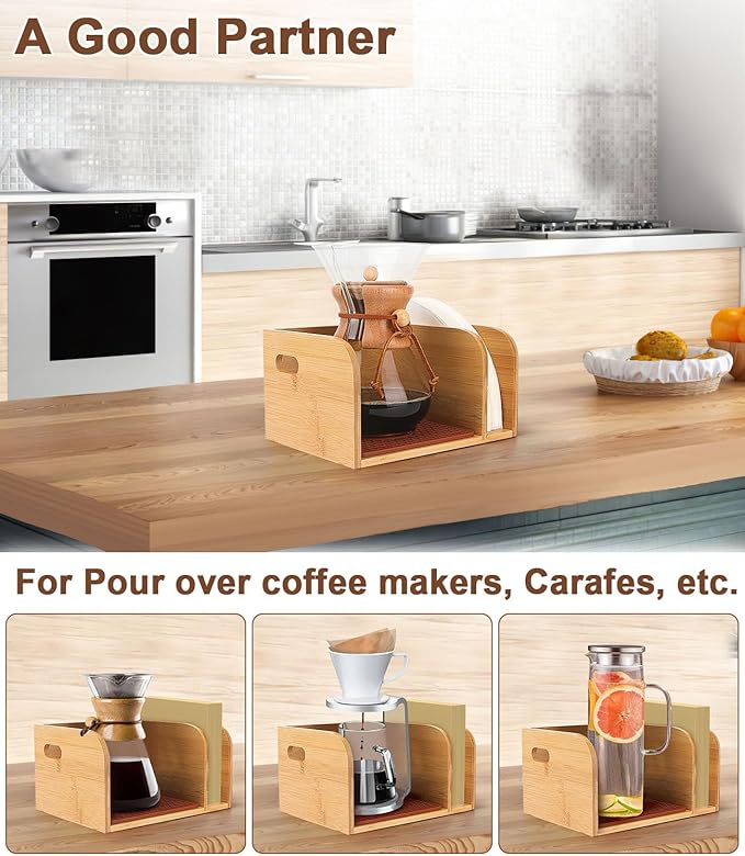 Bamboo Caddy with Lid & Heatproof Trivets Mat for Chemex CoffeeMakers | Bamboo Cup not Included - Designed for Chemex Pour - Over Glass Coffeemaker(3/5/6/8/10Cup), for Bodum Pour Over Coffee makers