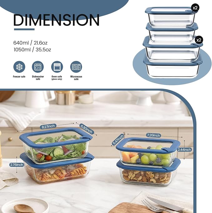 Taree Glass Food Storage Containers with Glass Silicone Lids,22/35oz, Blue | Meal prep,office lunches&eftover storage,borosilicate glass,microwave safe reheating with steam vent,BPA free,dishwasher safe