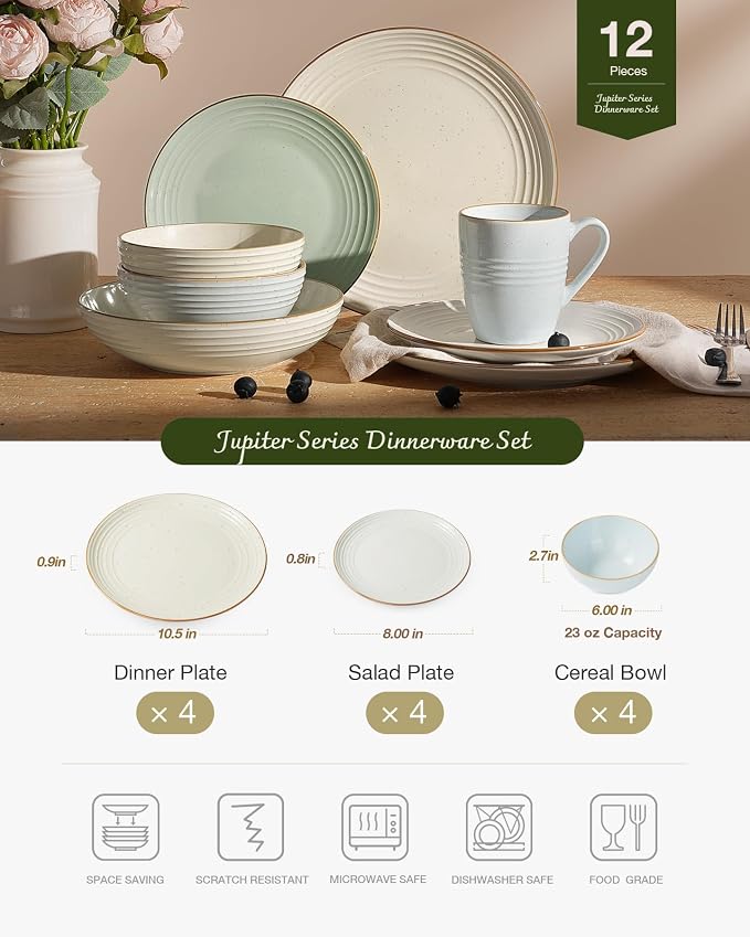 Famiware Jupiter Plates and Bowls Sets with Rim, Stoneware Dinnerware for 4 | 12-Piece Ceramic Neutral Dishes, Speckled & Embossed Swirl, Chip & Scratch Resistant, Microwave & Dishwasher Safe, Multicolor
