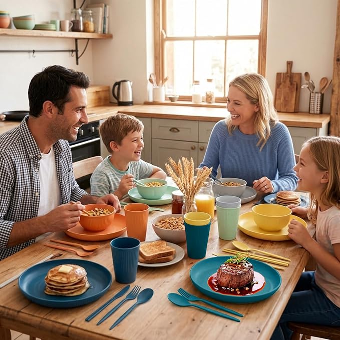 SHECIPIN 42Pcs Wheat Straw Dinnerware Sets, Unbreakable Plates and Bowls Sets, Eco Friendly Non Breakable Dinnerware, Dishwasher Microwave Safe Dinnerware
