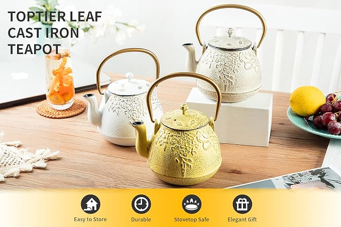 Tea Kettle, TOPTIER Japanese Cast Iron Teapot with Infuser for Loose Leaf and Tea Bags, Stovetop Safe Cast Iron Tea Kettle Coated with Enameled Interior for 40 oz (1200 ml), Beige
