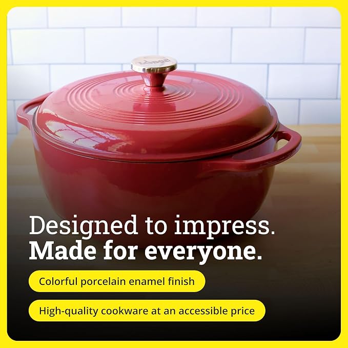Lodge Essential Enamel Cast Iron Dutch Oven 6 Quarts - Perfect for Bread Baking, Braising, Marinating & Slow Cooking, Features Moisture-Sealing Lid & Dual Handles, Kitchen Essentials, Cranberry