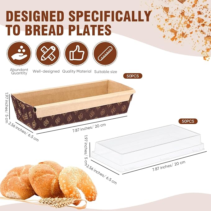 50 Pcs Paper Baking Loaf Pan with Lids Disposable Paper Pans Mold for Christmas Winter Birthday Cake Bread Bakery Holiday Gifts(7.87 x 2.55 x 1.94 Inches)