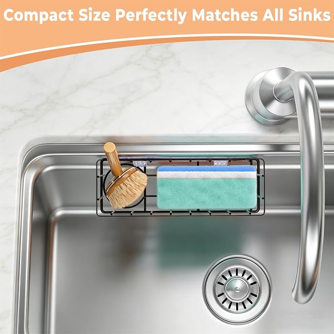 Vanwood Sponge Holder for Kitchen Sink with Strong Suction Cups/Adhesive Strips, Rustproof Compact Size Sink Caddy Organizer for Dish, Sponges, Scrapers, Stoppers (Black)