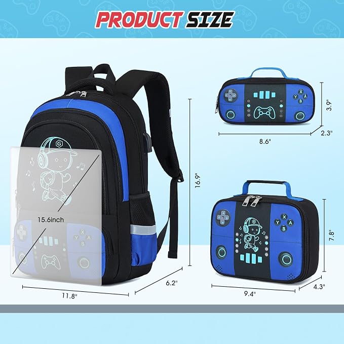 Backpack for School Boys, Cool Luminous Gamer Boys Schoolbag | with Lunch Box & Pencil Case Set for Kids Teens Elementary Middle School, Bookbag Glow In The Dark