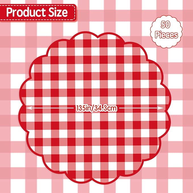 50Pcs Checkered Paper Placemats Red Gingham Place Mats 13.5 Inch Scalloped Checkered Place Mats Disposable Table Placemats for Baby Showers Wedding Birthday Tea Parties Dinner Table Decorations