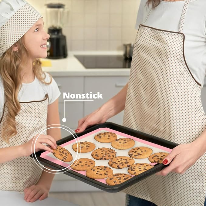 Silicone Baking Mat Set of 3, Silicone Baking Mats Cookie Sheet, Non-Stick Mats for Baking, Easy Clean & Reusable Oven Baking Sheet for Making Macaroons, Cookies (Pink)