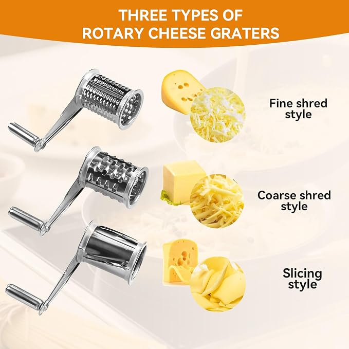 Stainless Steel Single Drum Rotary Cheese Grater, Multipurpose Rotary Cheese Grater with 3 Different Rotatable Drums for Parmesan, Mozzerella, Vegetables and More
