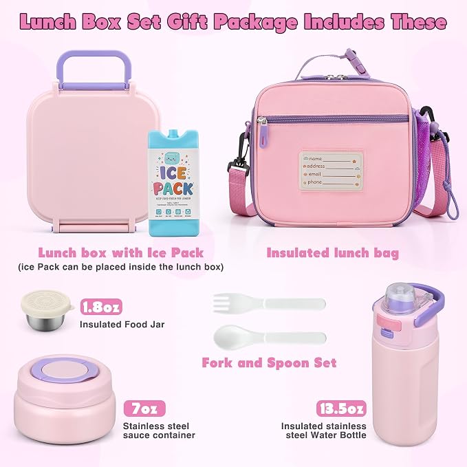Bento Lunch Box for Kids with 7oz Soup Thermo,Insulated Stainless Steel Kids Water Bottle with Straw and Insulated Lunch Bag,Leak-Proof Lunch Food Container with Ice Pack for School(Pink)