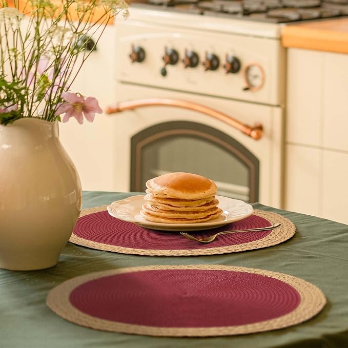 Round Placemats Set of 4, Woven Table Mats, Wide Edge, Berry Red | Braided Paper Edge, 15 Inch Diameter, Fits Dinner Plate and Flatware, Wipeable, Heat Resistant, Indoor Dining, Outdoor Patio