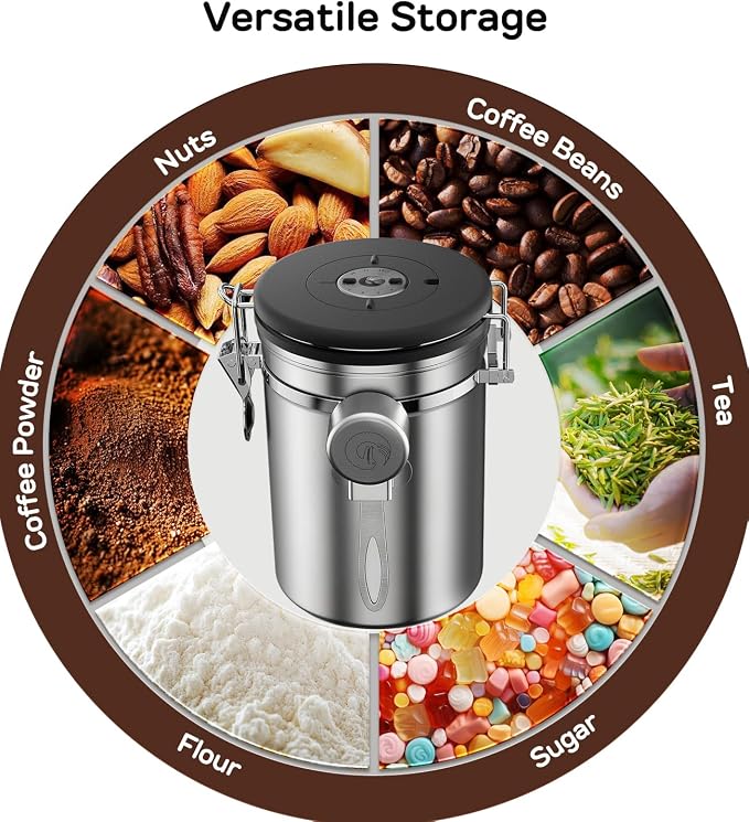 Coffee Gator Coffee Canister, 22oz Airtight Stainless Steel Container | w/ Date Tracker, Scoop,Valve, Kitchen Food Storage Jars for Beans,Ground, Rice, Tea, Sugar, Cookie, Bar Accessories, Silver