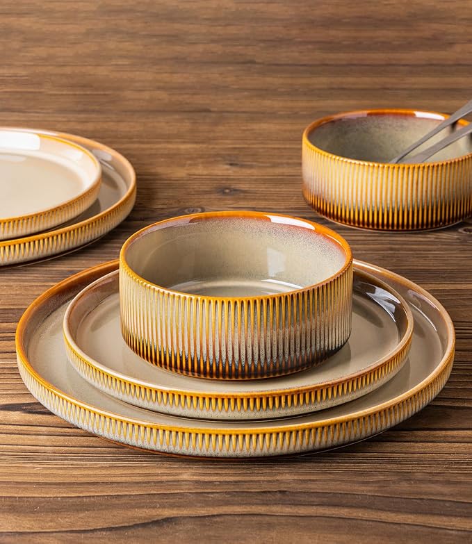 Ceramic Dinnerware Set for 6, 18-Piece Plates and Bowls Set | Lightweight Porcelain Dish Set, Scratch Resistant, Oven & Microwave & Dishwasher Safe, Creamy Amber