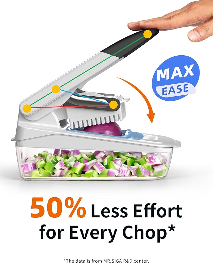 MR.SIGA Vegetable Chopper with Container, Vegetable Cutter for Onion Fruit | 50% less effort for every chop, 2 in 1 manual food veggie chopper with 2 stainless steel chopping blades