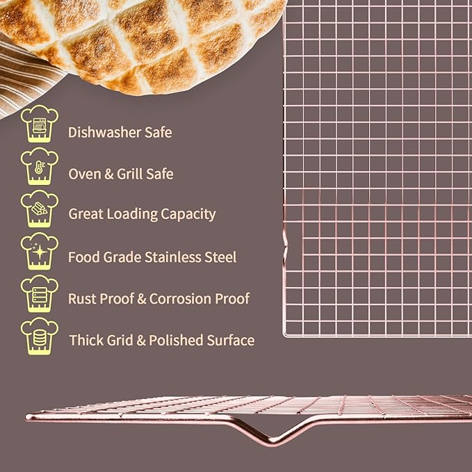 2PCS Cooling Rack for Cooking Baking, 16" x 10" Wire Rack, Rose Gold | Thick Wire Rack, Oven & Dishwasher Safe, for Roasting, Grilling, Drying, Fits Half Sheet Pan