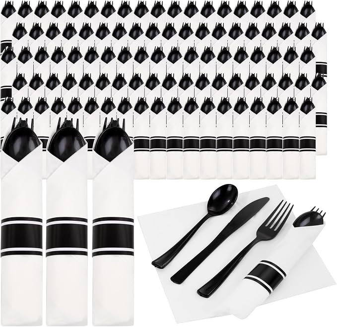 120pack Pre Rolled Black Plastic Silverware Set Disposable | Heavy Duty Disposable Wrapped Black Plastic Cutlery Utensils Set for Catering, Parties, Wedding, Birthday& Special Events