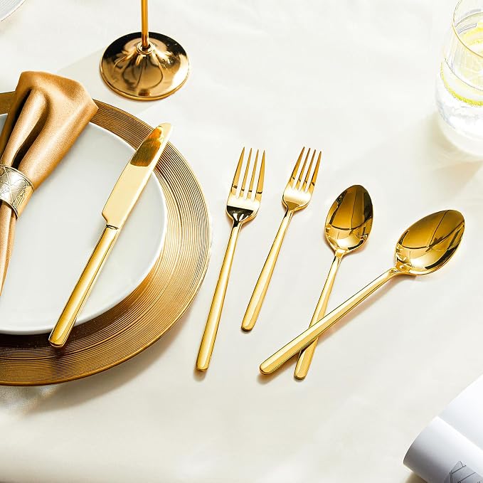 Gold Silverware Set, 20 Piece Flatware Cutlery Set for 4, 18/10 Stainless Steel Silverware Mirror Polished Dishwasher Safe for Home, Restaurant, Wedding, Party(Gold, 20 pieces for 4)