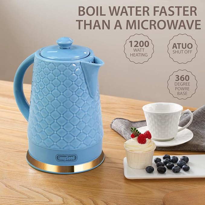 1.5L Ceramic Electric Kettle, 1200W Fast Boil Retro Tea Pot with LED Light, BPA-Free Porcelain Cordless Water Boiler, Auto Shut-Off & Boil-Dry Protection, Blue Relief Carving