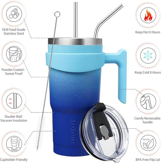 BJPKPK 20 oz Tumbler with Handle & Straw, Insulated Stainless Steel Mug | Double Wall Vacuum, Keeps Hot/Cold, Thermal Cup, BPA Free, Dishwasher Safe, Sweatproof, Cupholder Fit, Coffee & Travel, Sky