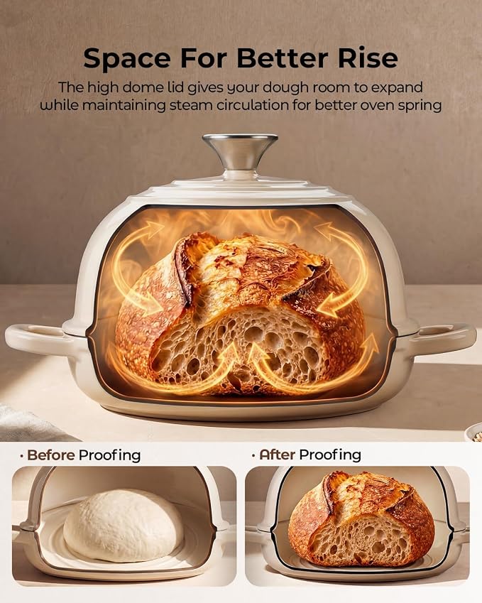 5QT Enameled Cast Iron Sourdough Bread Oven & Starter Kit, White | Tight-fitting Dome Lid Helps Retain Steam, Baking Kit Supports Proofing, Scoring & Dough Transfer, Complete Artisan Bread Set
