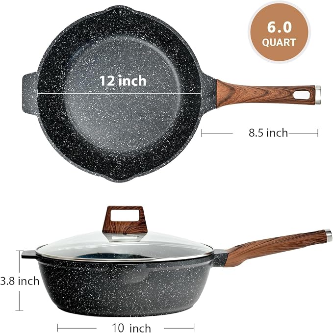 12 Inch Nonstick Deep Frying Pan Skillet with Lid and Spatula, 6 Qt Jumbo Saute Pan with Pour Spout, Non Stick Granite Stir-Fry Chef Wok with Scrub Sponge, Induction Stovetops Compatible