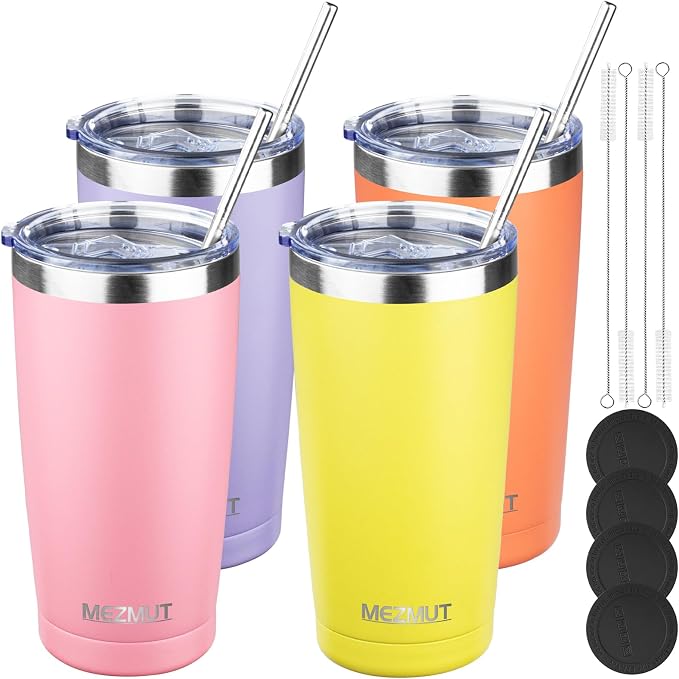 MEZMUT 20oz Insulated Tumbler Cup Travel Coffee Mug with Lid(Mixed1,4 Pack) | 18/8 Stainless Steel Double Wall Vacuum Spill Proof Metal Tumbler Bulk with Lid and Straw, Hot or Iced Coffee Cup