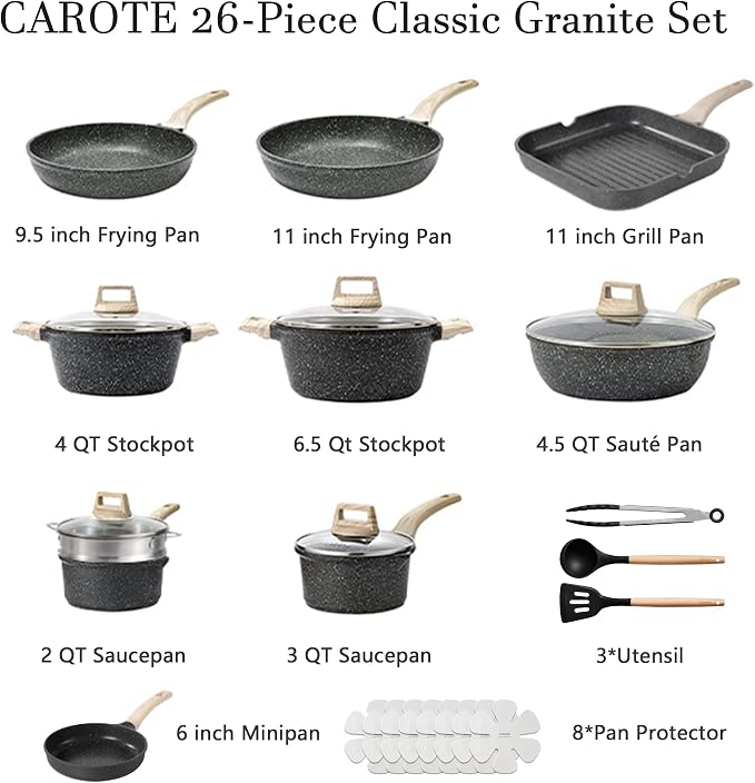 CAROTE 26pcs Nonstick Pots and Pans Set, Cookware Sets, with Grill Pan | Durable, Easy to Clean, Even Heating, Kitchen Cooking Set, Induction Compatible, with Utensil Set