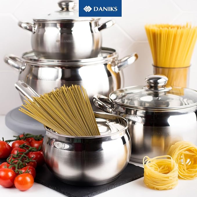 Daniks Classic 6.5 Quart Stainless Steel Stock Pot with Glass Lid, Tri-Ply Bottom for Even Heating, Induction Compatible, Dishwasher Safe