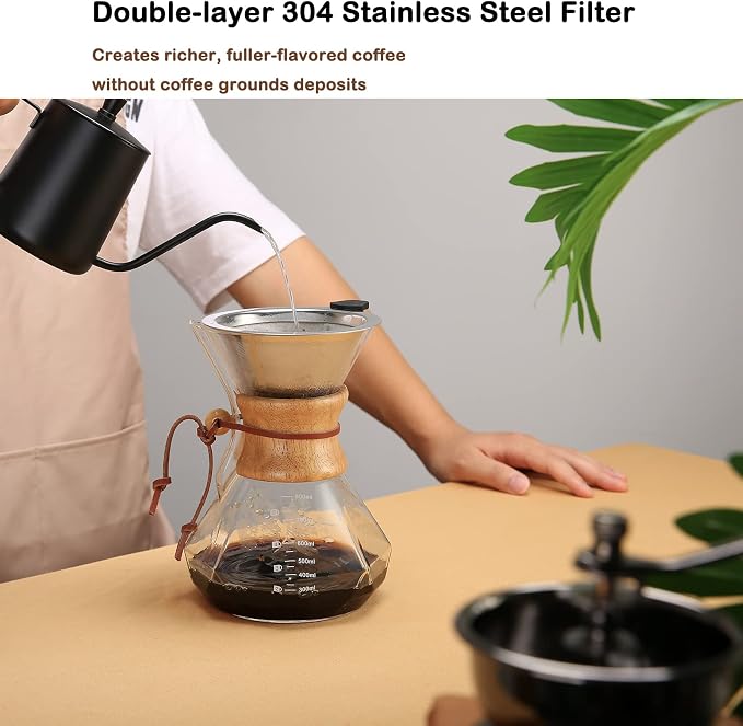 Lalord Pour Over Coffee Maker, 800ml/27oz Borosilicate Glass Carafe, Reusable Stainless Steel Filter, Wooden Collar, 4-6 Cups Serving, Clear