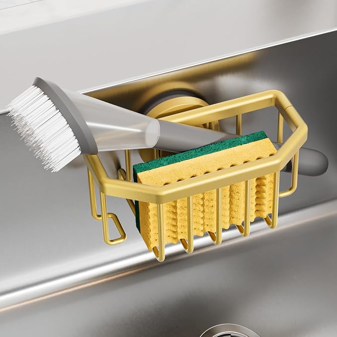 TAILI Sponge Holder for Kitchen Sink with Strong Suction Cup Removable, Rustproof Aluminum Sink Caddy for Sponge, Brush, Scrubber, Scraper -Gold | for Kitchen Sink Organizer, Removable Sponge Caddy Inside Sink, Rustproof Aluminum Holder for Sponges, Br...