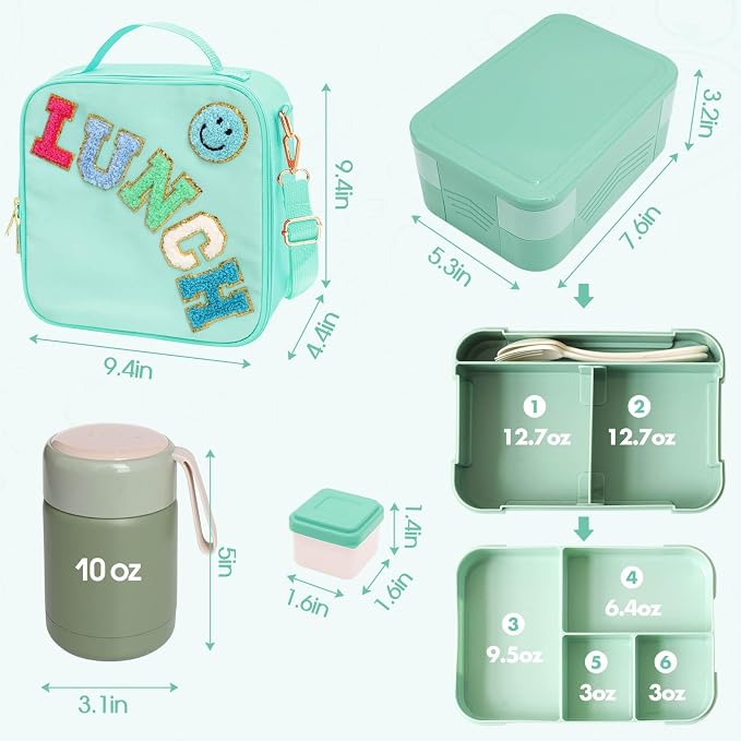 PainZieteg Lunch Box for Girls with 10oz Thermo 6 Compartment Bento Set | Nylon Insulated Lunch Bag with Adjustable Strap, Ideal for Kids, Teens School, Travel, Picnic, Leakproof Thermal Pouch, Green