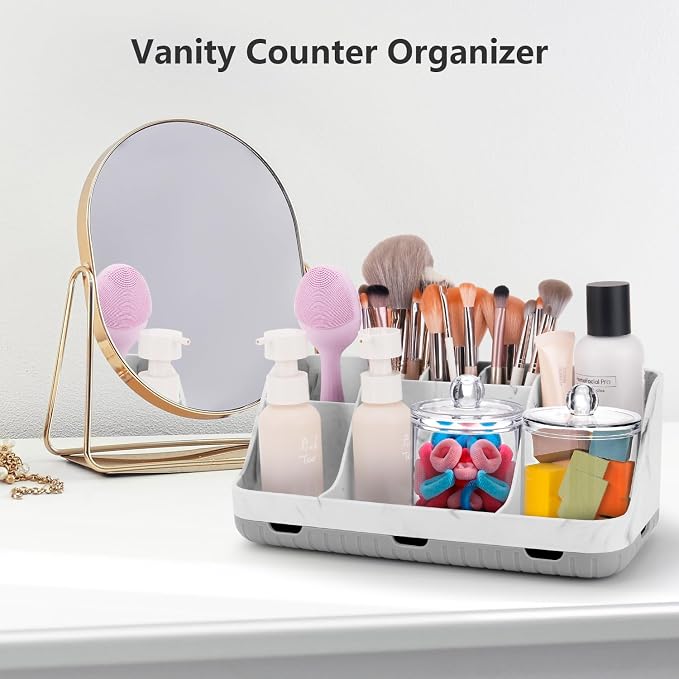 GFWARE Marble Bathroom Toothbrush Holder Set with 2 Qtip Holder Dispenser | Detachable 7 Slots Bathroom Accessory Set, Kids Bathroom Sink Counter Set, Bathroom Essentials Decor, Anti-Slip, Marble-Look
