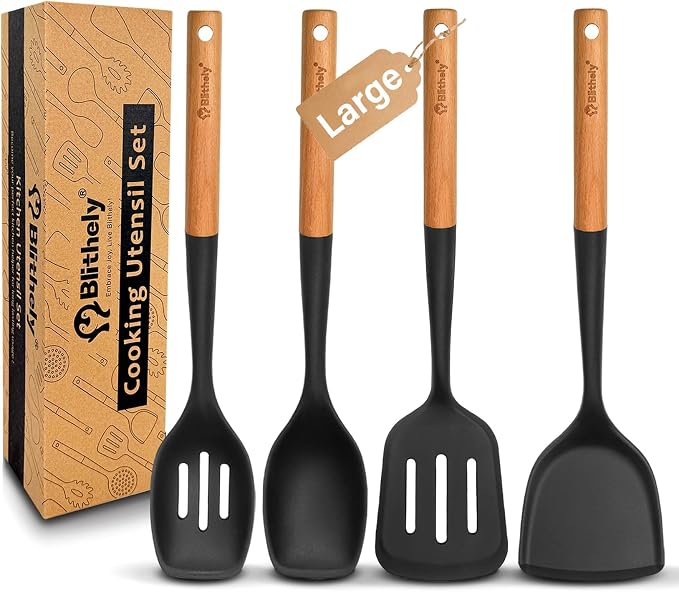 4PCS Silicone Cooking Utensils Set, Large Nonstick Spatula Spoons Set with Wooden Handle, Silicone Cooking Spatula Set, Heat Resistant Solid and Slotted Turners, Serving Spoon(Black)