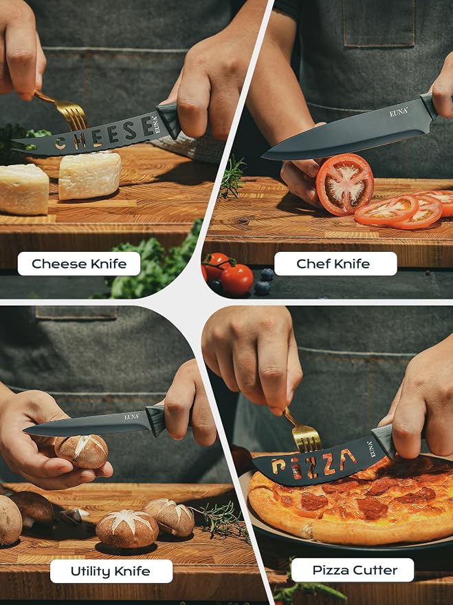 EUNA Knife Block Set, 19 PCS Kitchen Knife Set with Acrylic Block and Sharpener, German High-Carbon Stainless Steel Knife Sets with 6 Serrated Steak Knives, Bread Knife, Chef Knife, Dishwasher Safe