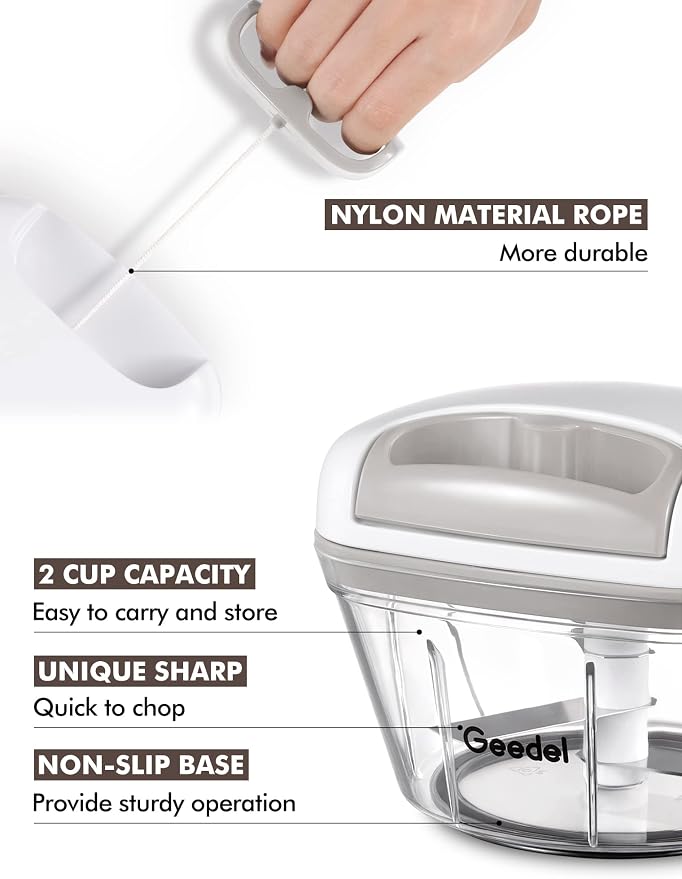 Geedel Vegetable Chopper, Manual Food Chopper with Hand Pull String, 500ml | Manual Food Processor, Sharp Stainless Steel Blade, Non-slip Base, Dishwasher Safe, No BPA, Portable, for Veggie, Fruit, Nut