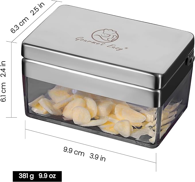 Gourmet Easy Garlic Press Chopper, 2-in-1 Slicer & Dicer, Fridge Friendly | Airtight Container Keeps Garlic and Ginger Fresh, Cleaning Sieve Included, Stainless Steel, Dishwasher Safe, 5-Year Warranty