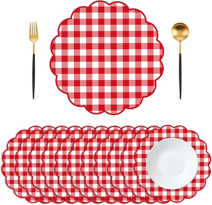 50Pcs Checkered Paper Placemats Red Gingham Place Mats 13.5 Inch Scalloped Checkered Place Mats Disposable Table Placemats for Baby Showers Wedding Birthday Tea Parties Dinner Table Decorations