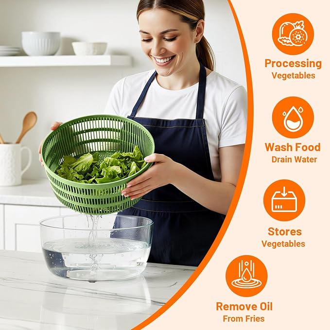 Salad Spinner Lettuce Spinner with Drainage Holes, 5 Chopping Blades, Green | 5.3 QT Large High Efficiency Fruit Vegetable Washer Dryer, Easy Press Kitchen Tool for Leafy Vegetables