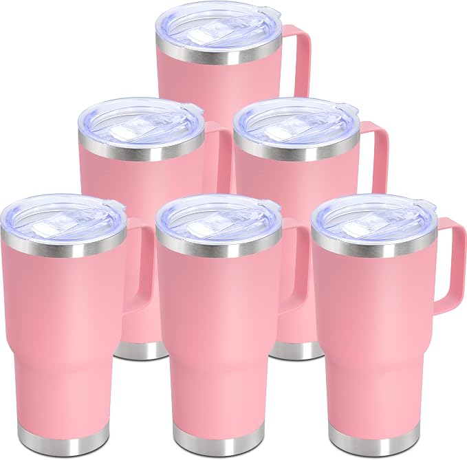 20 oz Tumbler with Handle Coffee Tumblers with Lid Travel Mug Pink 6P | 20oz Tumblers with Handle Double-Wall Insulated Vacuum Coffee Mugs Stainless Steel Tumbler with Handles&Lid Pink 6P