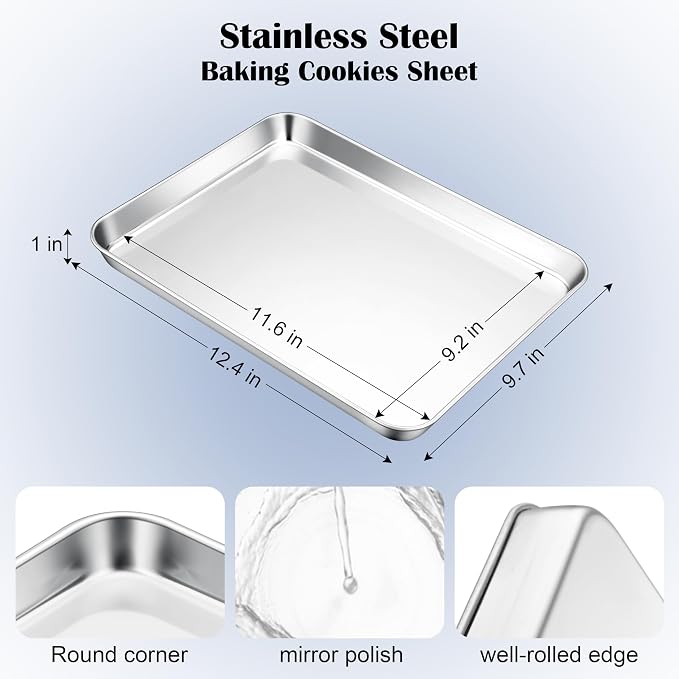 E-far Stainless Steel Baking Sheet Set, 12.4” x9.7” x 1” Cookie Sheet | Non-toxic Metal Toaster Oven Tray for Oven Baking Cake Cookie, Healthy & Rust Free, Mirror Finish & Dishwasher Safe