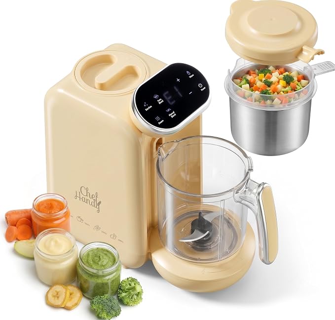 Chefhandy Baby Food Maker, One-Step Steamer & Blender, Yellow | Stainless steel basket, BPA-free food-contact parts, Adjustable texture, Homemade baby meals, 6 food pouches, Recipe guide