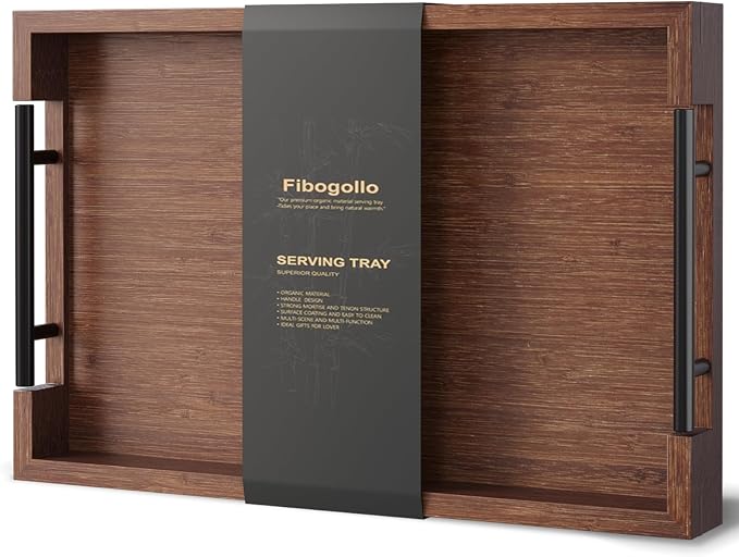Fibogollo Bamboo Serving Trays with Metal Handles,Medium(Brown) | 15 x 10Inch Ottoman Decorative Trays Platter for Coffee Table,Living Room,Bar,Party,Holiday Hosting and Outdoor Entertaining