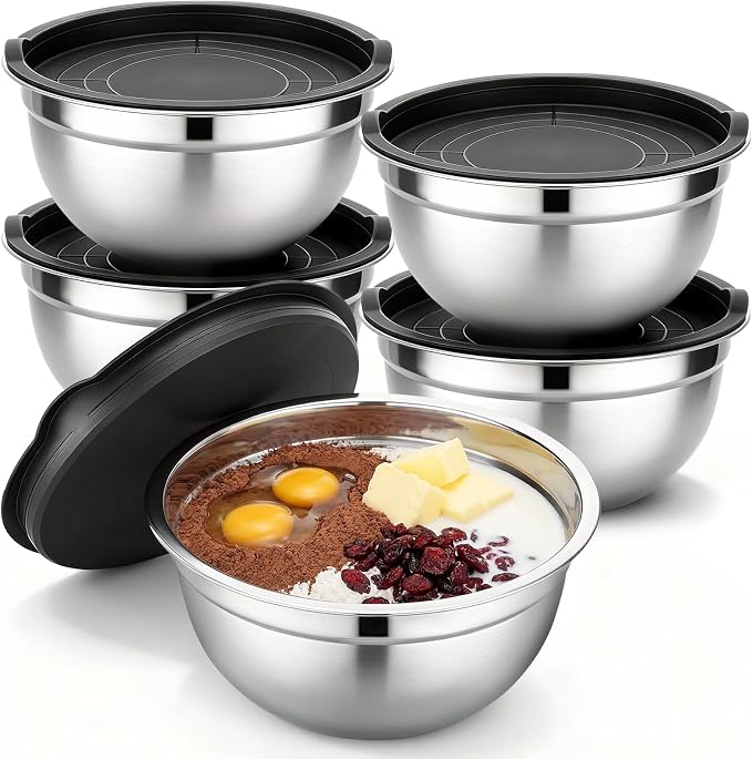 Beasea Stainless Mixing Bowls with Lids, 5 Pack 2 QT Stackable Stainless Steel Mixing Bowls with Black Lids for Salad, Serving, Food Storing, Baking Bowl Set for Cream Cake Prepping