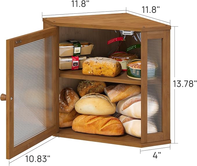 viewcare Corner Bread Box for Kitchen Counter, Bamboo Wood Large Capacity Bread Storage Bin with Acrylic Wavy Door Panel (Brown, Meduim)