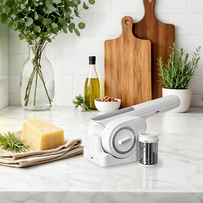 Electric Cheese Grater for HARD Cheeses (NOT Cheddar!) - Wongle Automatic Handheld Electric Cheese Grater for Parmesan Cheese, Cordless with USB-C Charging Station (White)