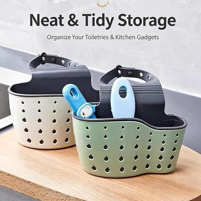 Kitchen sink storage shelf, hanging sink organizer, adjustable, removable, with drainage holes for easy drying (2 Pack)