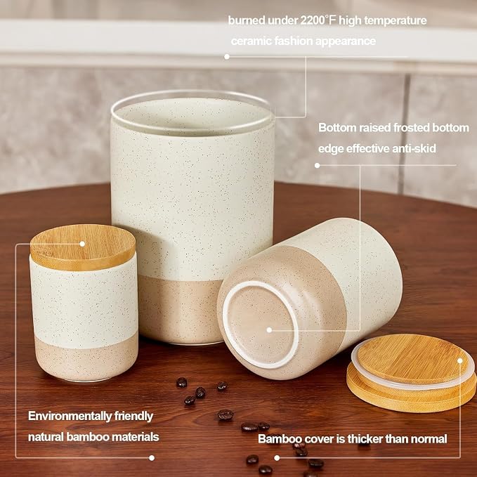 Kitchen Canister for Counter, Ceramic Food Storage Containers with Lids | 80 OZ Ceramic Food Storage Jars with Airtight Wood Lidsc,Countertop & Pantry Organization for Flour, Sugar, Coffee, Tea