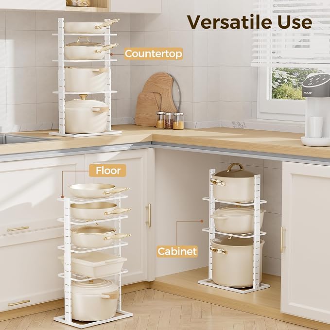 LAMU Pots and Pans Organizer Under Cabinet, 5 -Tier Dual-Pillar Design | Adjustable All-Metal Rack Stores Pots, Pans And Lids in Cabinets, on Countertops or Under Sinks, Holding Up to 55 Lb White